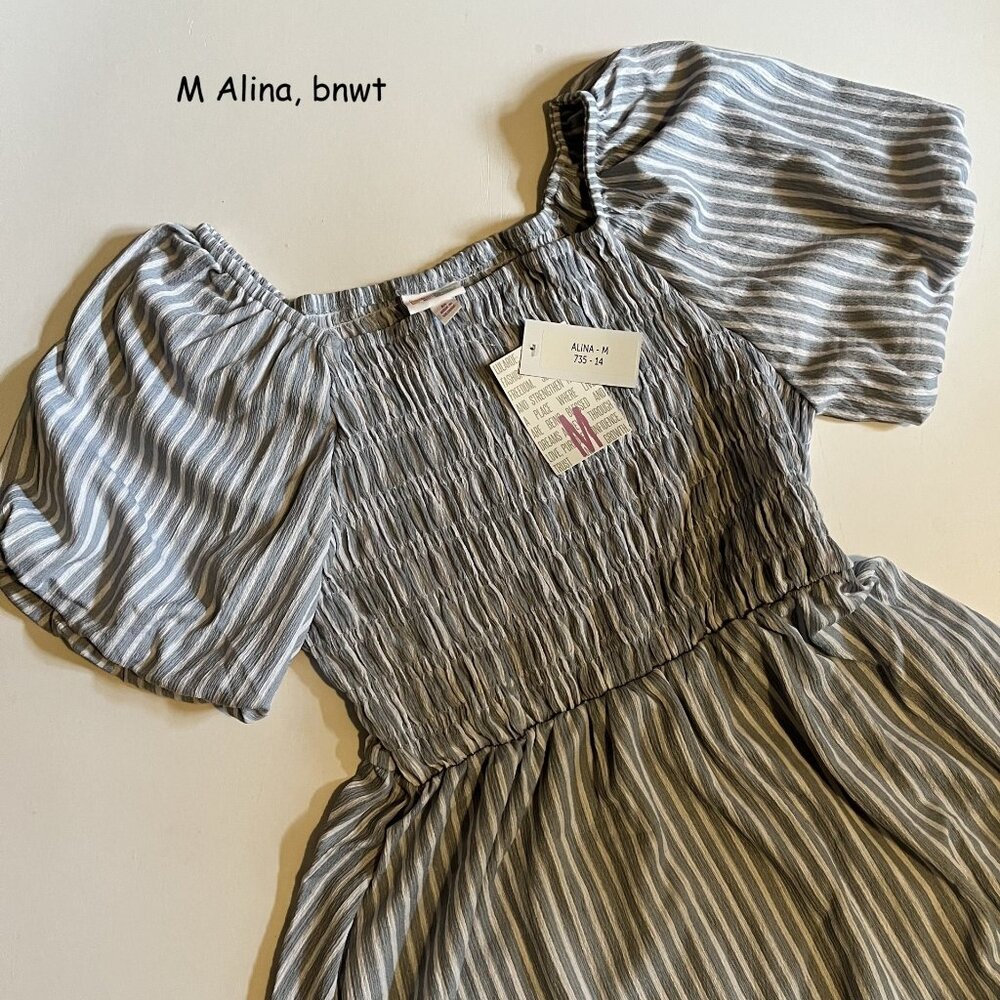 Medium Lularoe Alina smocked dress, blue and white stripes
